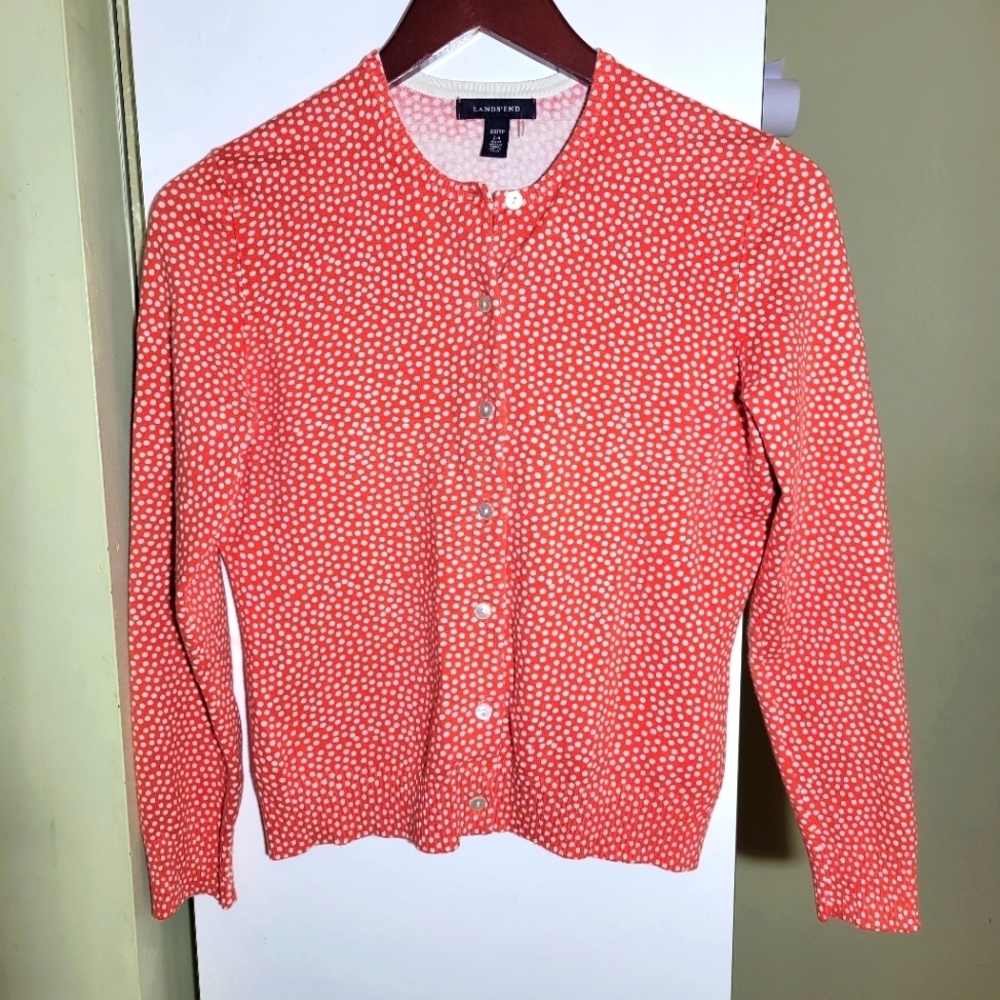Lands' End Orange and White Polka Dot cardigan boxy square cut Sweater XS